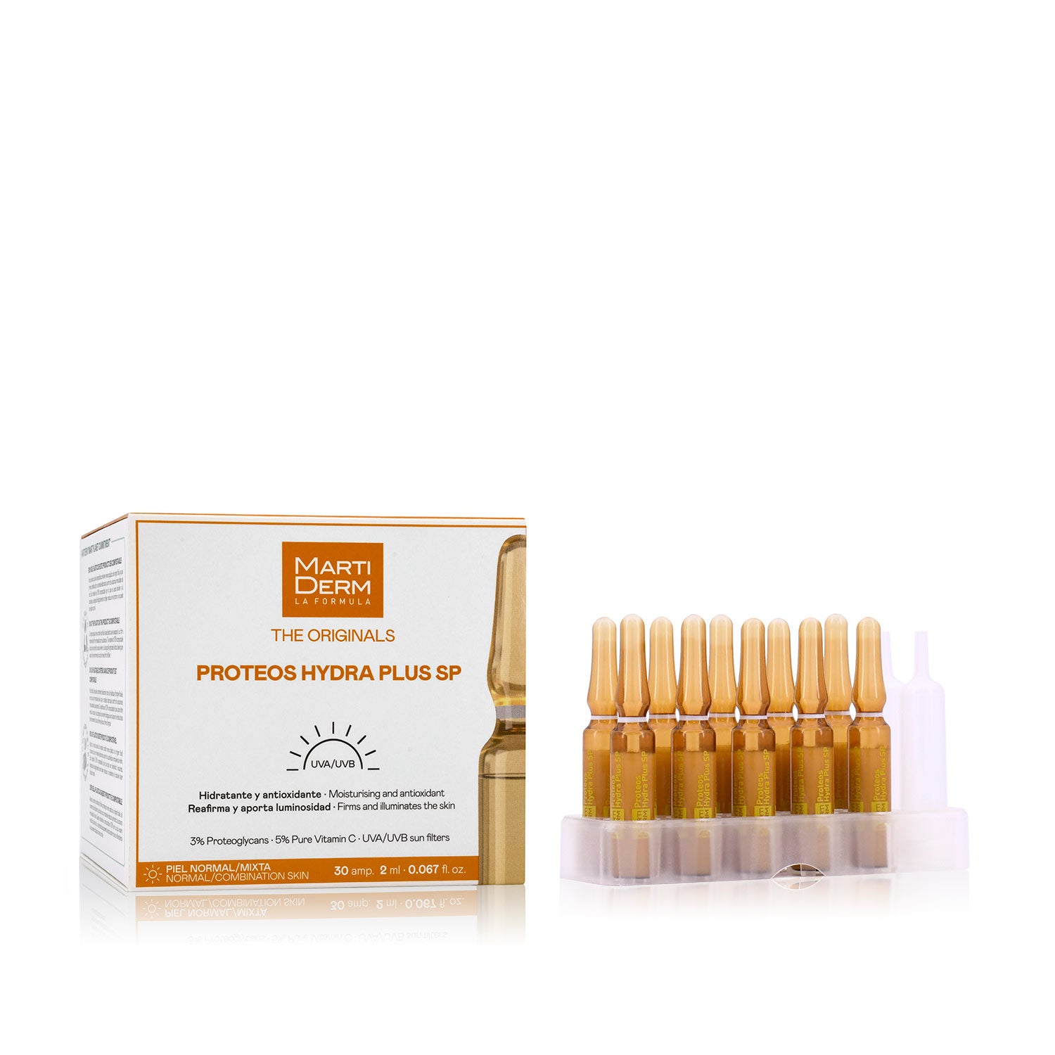 MARTIDERM DRĖKINAMOSIOS IR STANGRINAMOSIOS AMPULĖS VEIDUI PROTEOS HYDRA PLUS SPF 10, 30 AMP.